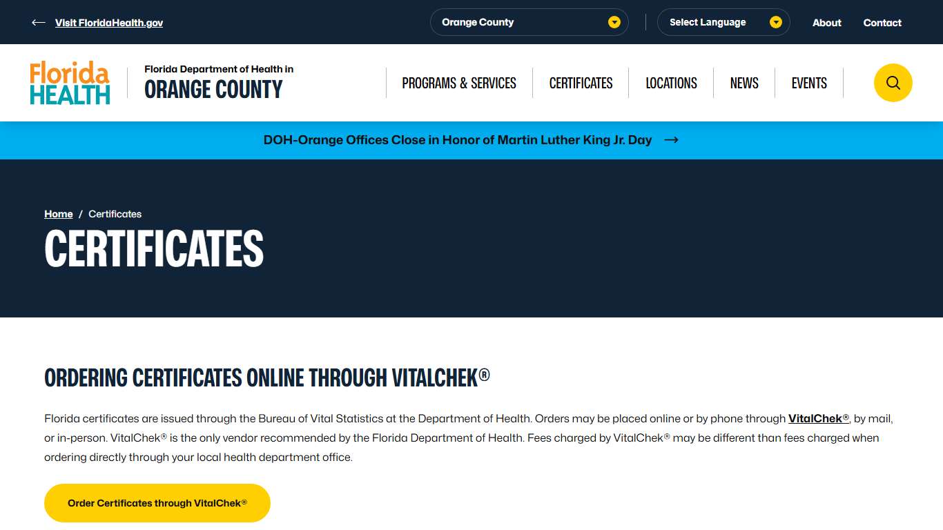 Certificates - Florida Department of Health in Orange County